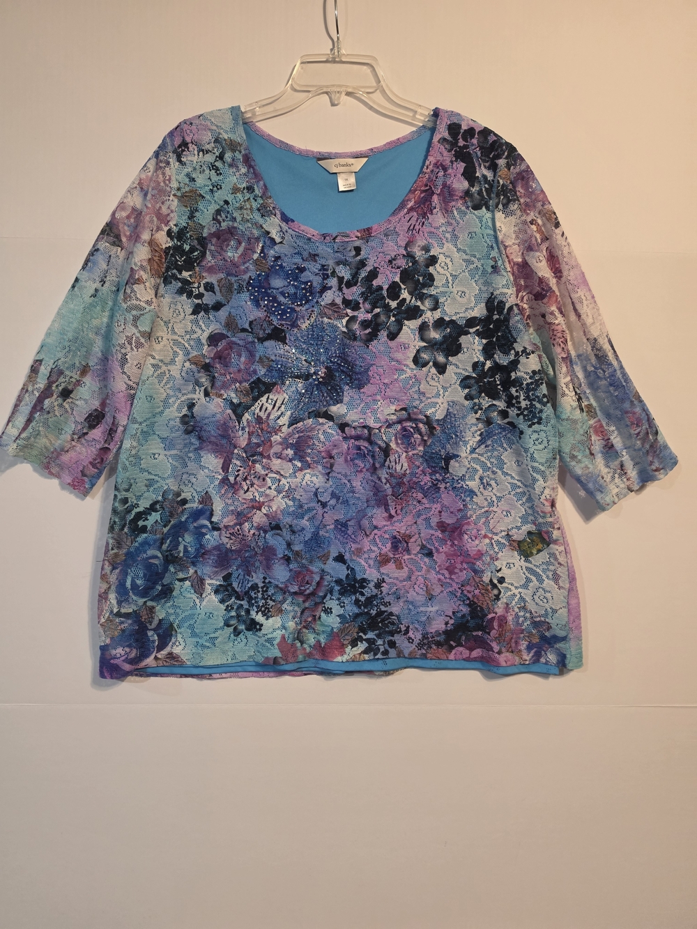 CJ Banks Blue Purple Floral Lace Overlay Tunic